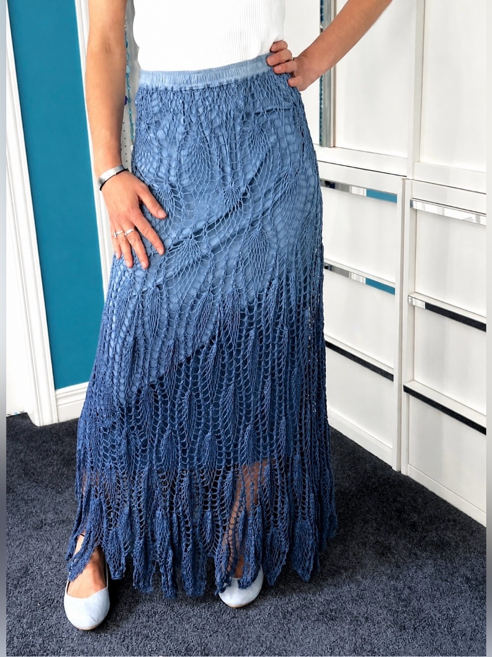 Vintage 90s Crochet Blue Ombre Cotton Maxi Skirt • Art Nouveau Pattern
